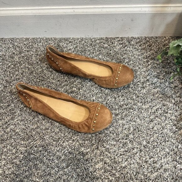J. Crew Cece suede leather studded ballet flats round toe camel brown Size 8 - Picture 2 of 8